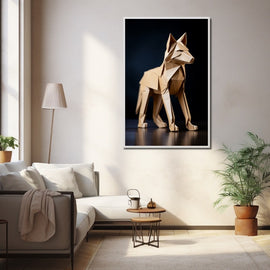 Geometric origami wolf in kraft paper tones against a deep blue background