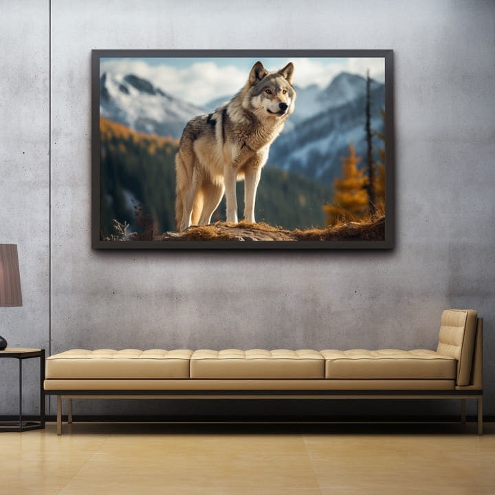 Wolf on a rocky outcrop before snow-capped mountains and autumn larches