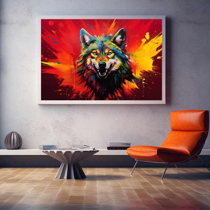 Pop-art wolf portrait bursting from a fiery red and gold colour splatter