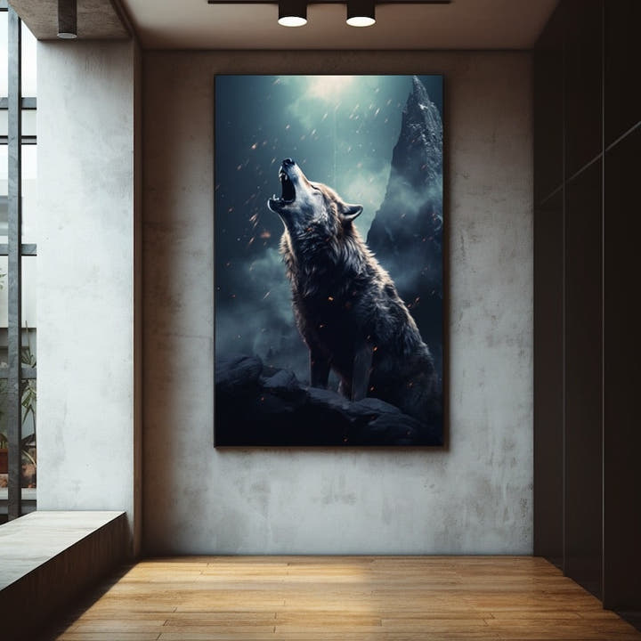 Howling grey wolf on dark rocks at night with embers and misty mountain