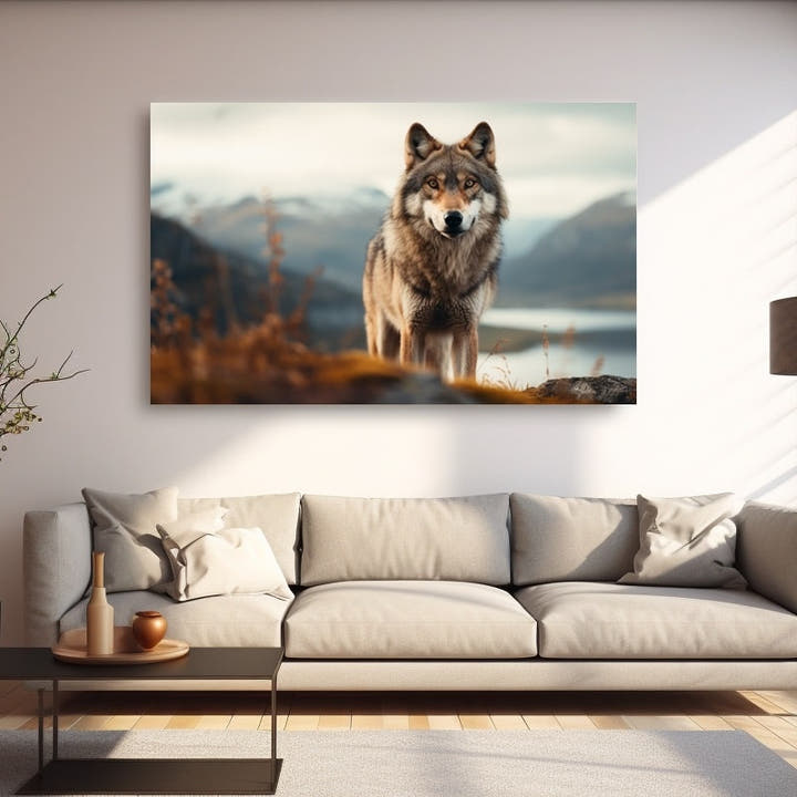 Grey wolf with amber eyes on a snowy ridge, fjord and misty mountains behind
