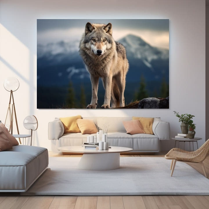 Grey wolf standing on a mountain ridge at dusk with snowy peaks behind