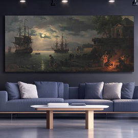 Classical landscape painting of a moonlit harbour with tall sailing ships and figures by firelight