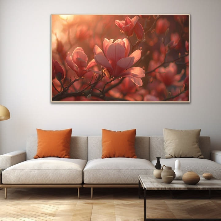 Cluster of pink magnolia blooms backlit by warm sunset light
