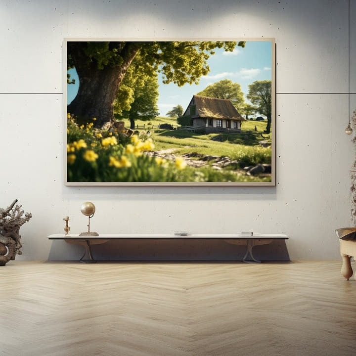 Countryside painting of a thatched stone cottage with spring daffodils beneath an old tree