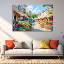 Impressionistic Provencal market street with stone houses and fruit stalls