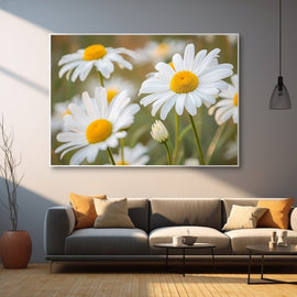 White oxeye daisies in a soft-focus sunlit summer meadow
