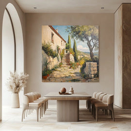 Acrylic painting of a Mediterranean farmhouse with stone steps and cypress