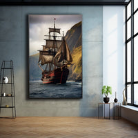 Thumbnail for Tall sailing ship with red hull passing green cliffs