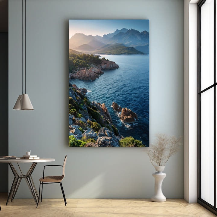 Coastal landscape painting with pink cliffs, blue sea and hazy mountains at golden hour