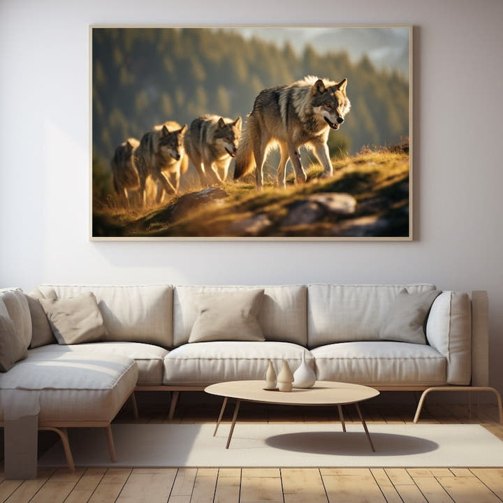 Pack of four wolves walking single file along a sunlit alpine slope