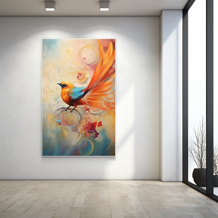 Modern abstract painting of an orange and turquoise bird