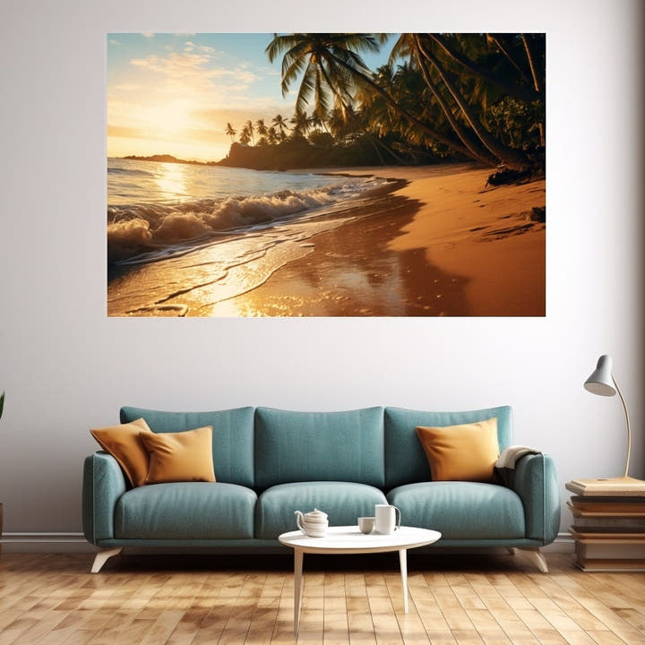 Tropical beach at golden sunset with palms leaning over glistening sand