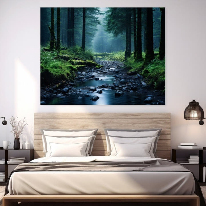 Misty conifer forest with a rocky stream and emerald moss