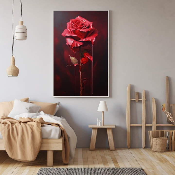 Modern rose painting, crimson rose with dripping paint