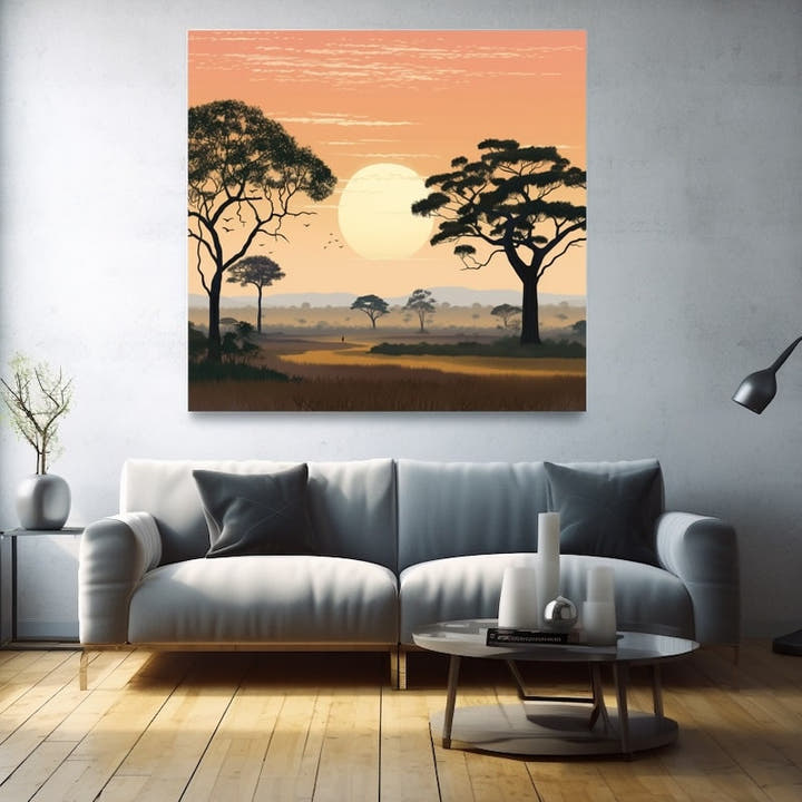 Stylised savanna sunset in apricot tones with acacia silhouettes