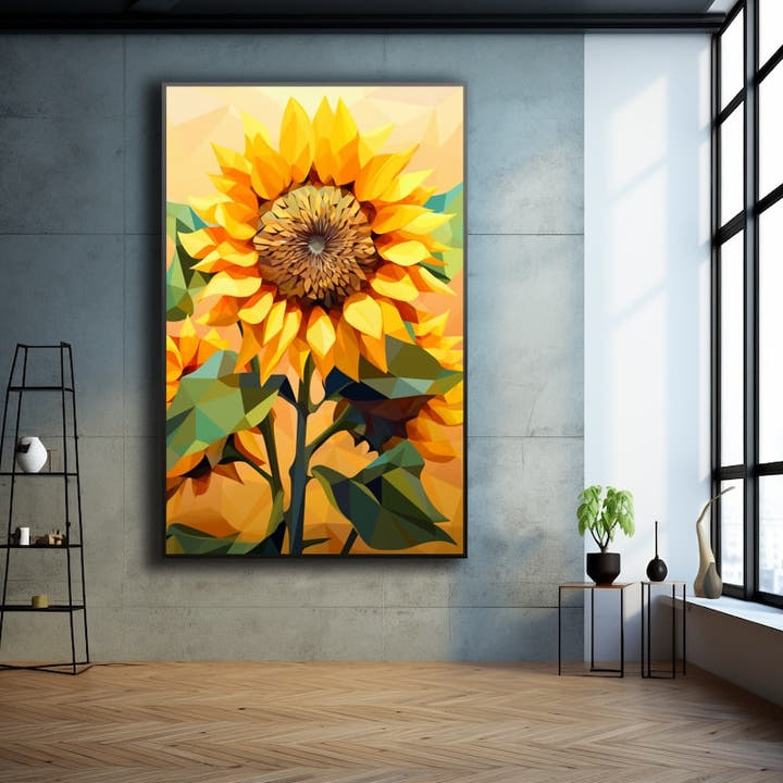Geometric low-poly sunflower painting in gold and green