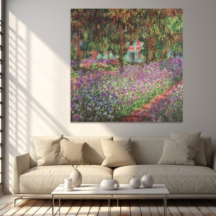 Monet Garden at Giverny painting, bed of violet irises and path to the house