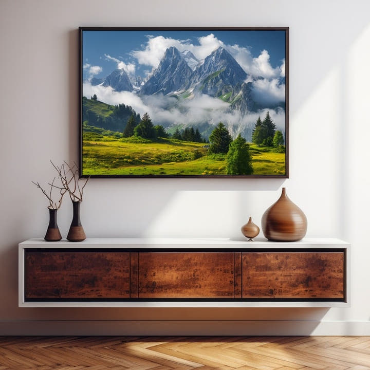 Cloud-wreathed alpine peaks above flowering green meadows and fir trees