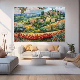 Mosaic-style Tuscan countryside with vineyards, cypress trees and terracotta farmhouses