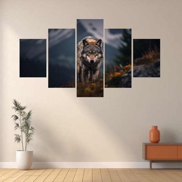 Five-panel large wolf painting of a grey wolf in misty mountains
