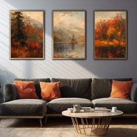 Triptych of autumn oil studies with red forest, mountain lake and copper shoreline