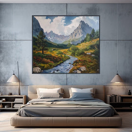 Mountain stream winding through a flowering alpine valley