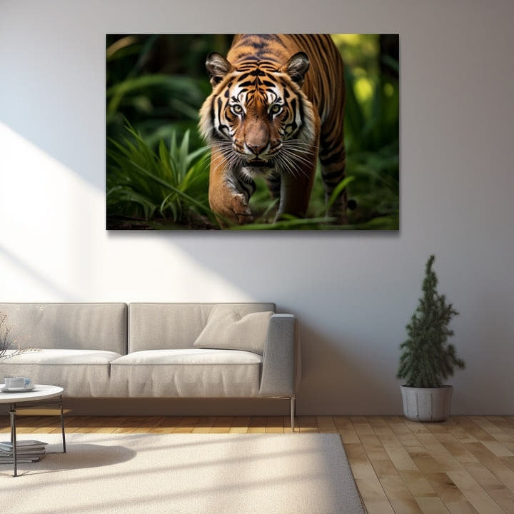 Sumatran tiger walking towards viewer through green jungle undergrowth