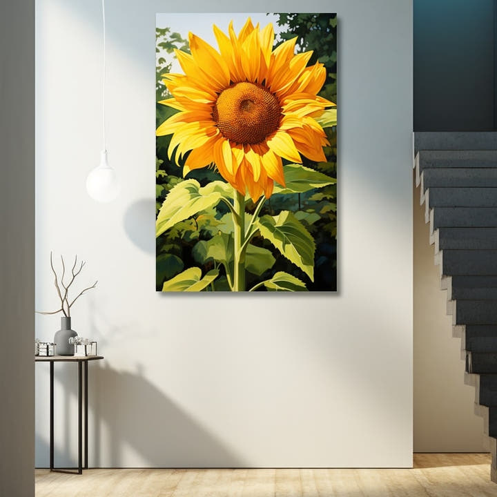Single golden sunflower close-up against green foliage