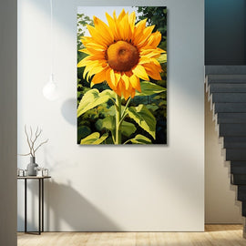Single golden sunflower close-up against green foliage
