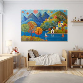 Naive-art landscape with round trees, hillside houses and sailboats on a bay