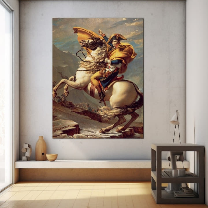Napoleon on a rearing white stallion in a golden cloak crossing an alpine pass