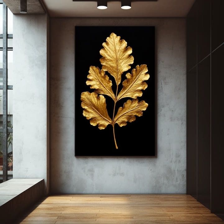 Three golden oak leaves on a black background