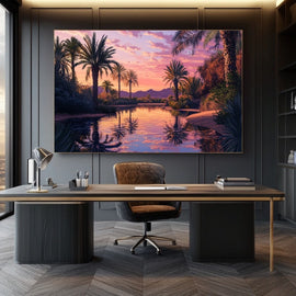 Painting of a desert oasis at sunset with palms reflected in a still lagoon