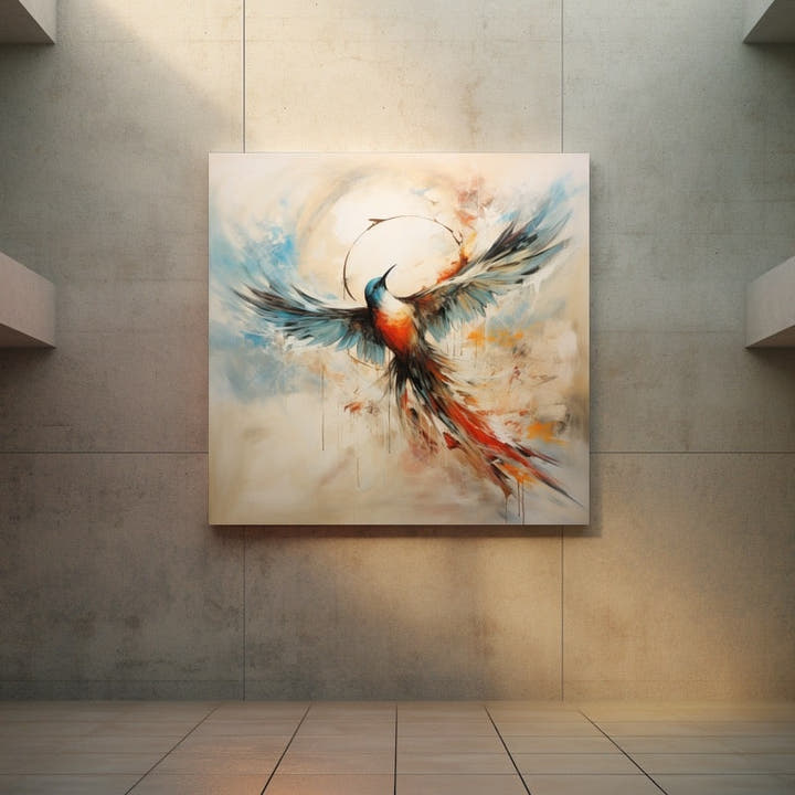 Abstract painting of a bird in flight in orange, red and blue tones