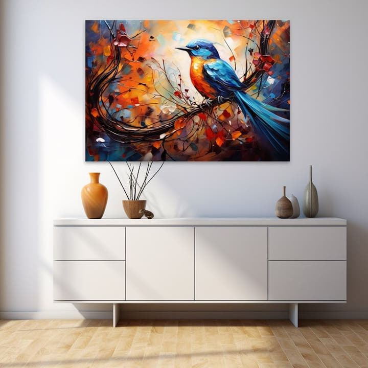 Electric-blue songbird with orange breast amid swirling autumn colour