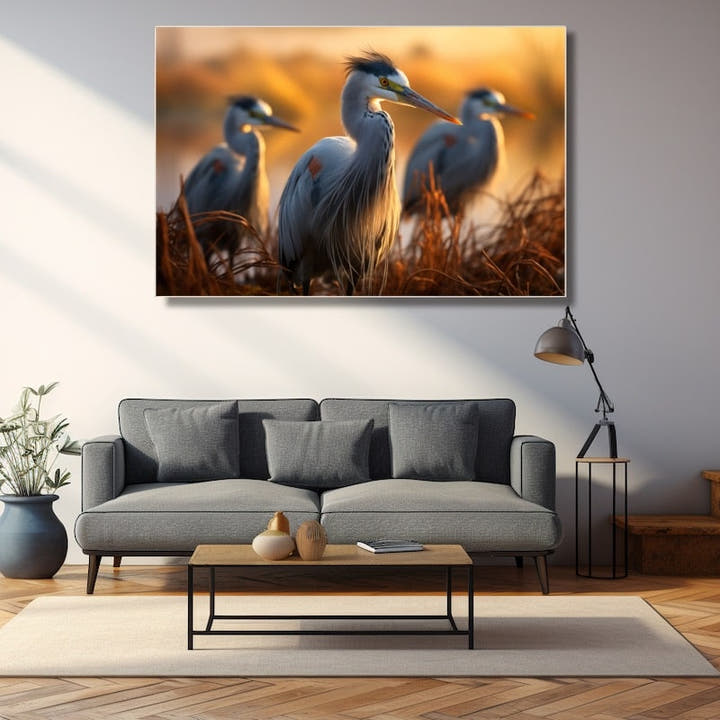Three grey herons in golden marsh grass at dusk