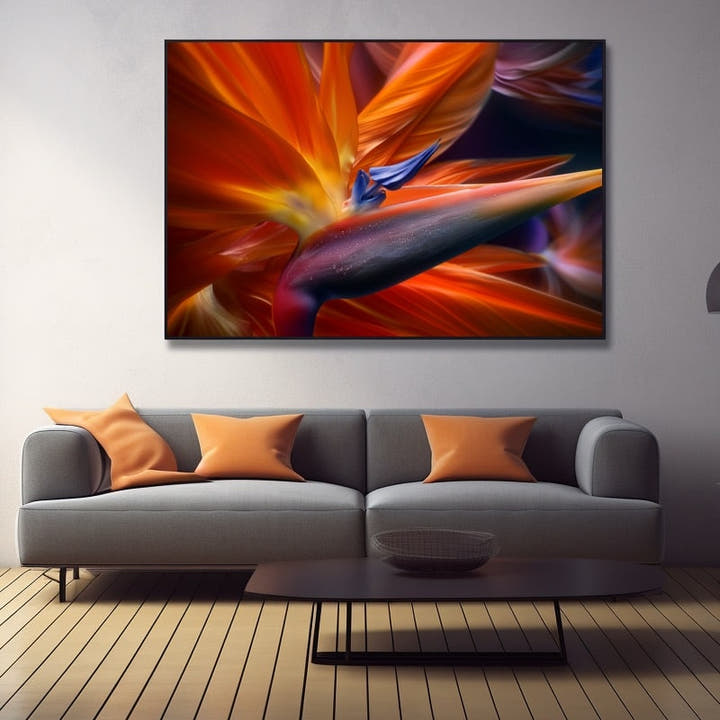 Macro of a bird of paradise flower in orange and blue