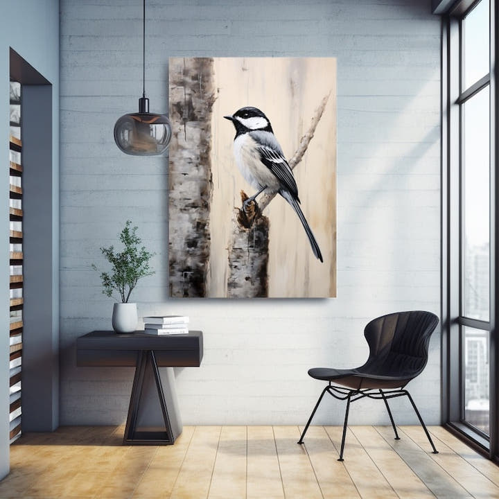 Black and white painting of a tit perched on a birch branch
