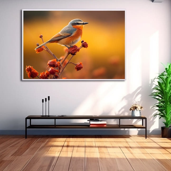 Grey and orange songbird on a flowering stem against a golden sunset bokeh