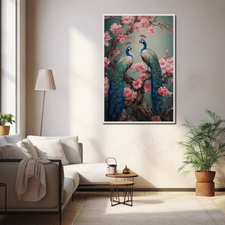 Chinese painting of two teal peacocks among pink cherry blossom branches