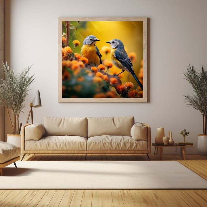 Two blue-and-yellow garden birds perched among orange blossoms