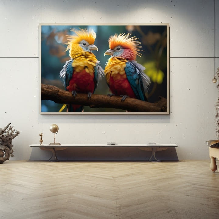 Two crested tropical birds with orange and crimson plumage facing each other on a branch