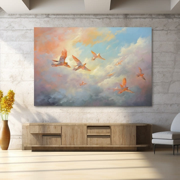 Painting of a flock of birds flying through a coral and peach sunset sky