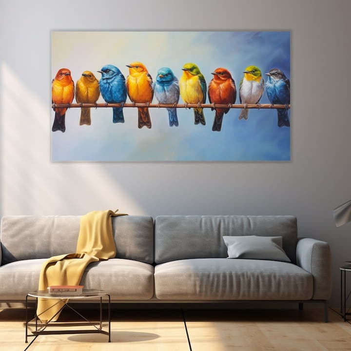Painting of nine colourful songbirds in a row on a perch against a soft blue sky