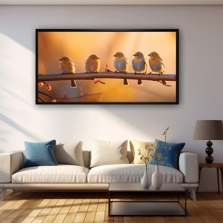 Five plump robins perched in a row on a branch in warm amber light