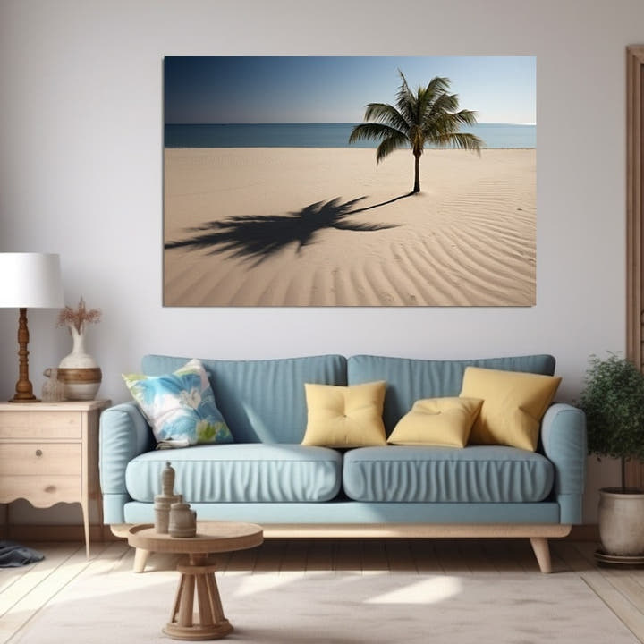 Lone beach palm casting a long fan-shaped shadow on rippled sand by a turquoise sea