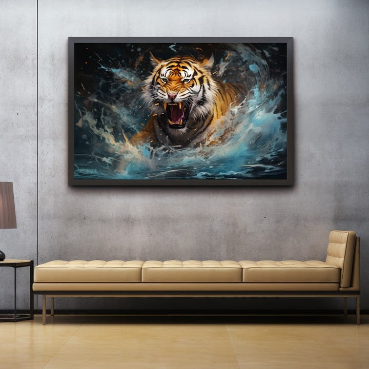 Roaring tiger bursting through turquoise water spray