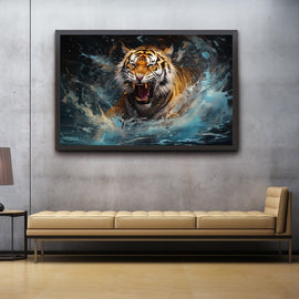 Roaring tiger bursting through turquoise water spray