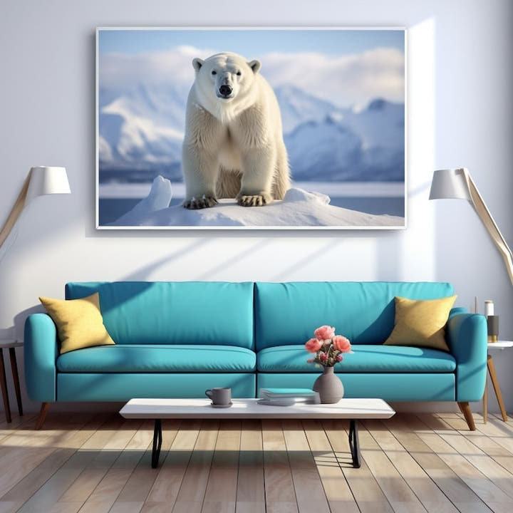 Polar bear standing front-on atop snow before snow-capped mountains and blue sky